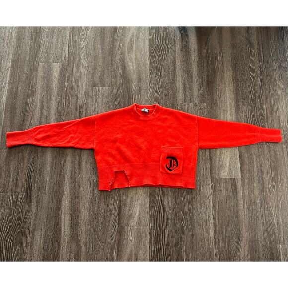 EUC Diesel Red Cropped Wool Cashmere Sweater Distressed Hem Logo Pocket Sz Small - Picture 7 of 16